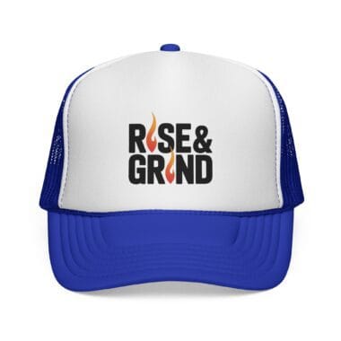 rise and grind trucker hat front black white