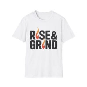rise and grind white t shirt front, model wearing rise and grind tee gym, flat lay motivational white t shirt, back view rise and grind shirt