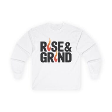 Rise & Grind Long Sleeve Tee – motivational gym shirt in black eco cotton