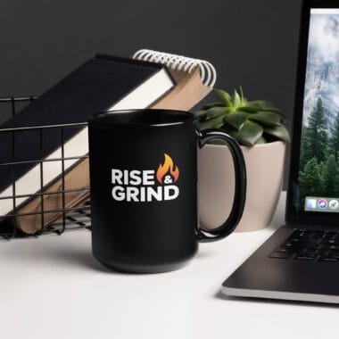 Black Glossy Coffee Mug custom design Rise and Grind logo.