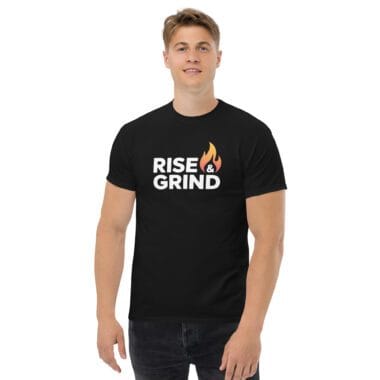 Rise and Grind motivational gym t-shirt black unisex cotton tee front design