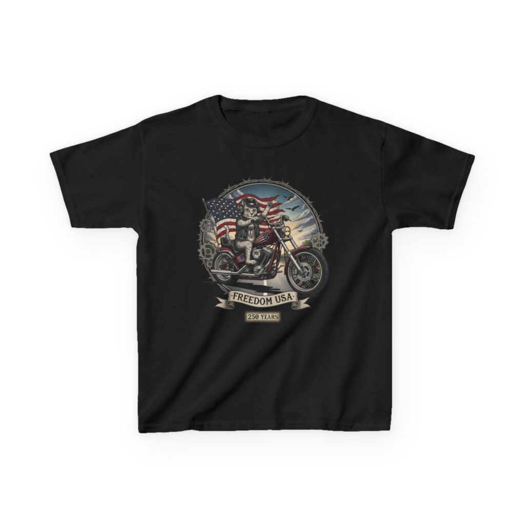 Youth wearing black Biker Cat USA tee with vintage motorcycle cat and American flag graphic