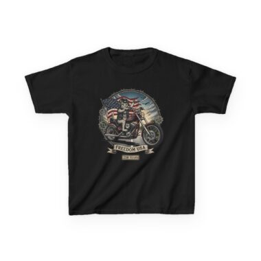 Youth wearing black Biker Cat USA tee with vintage motorcycle cat and American flag graphic