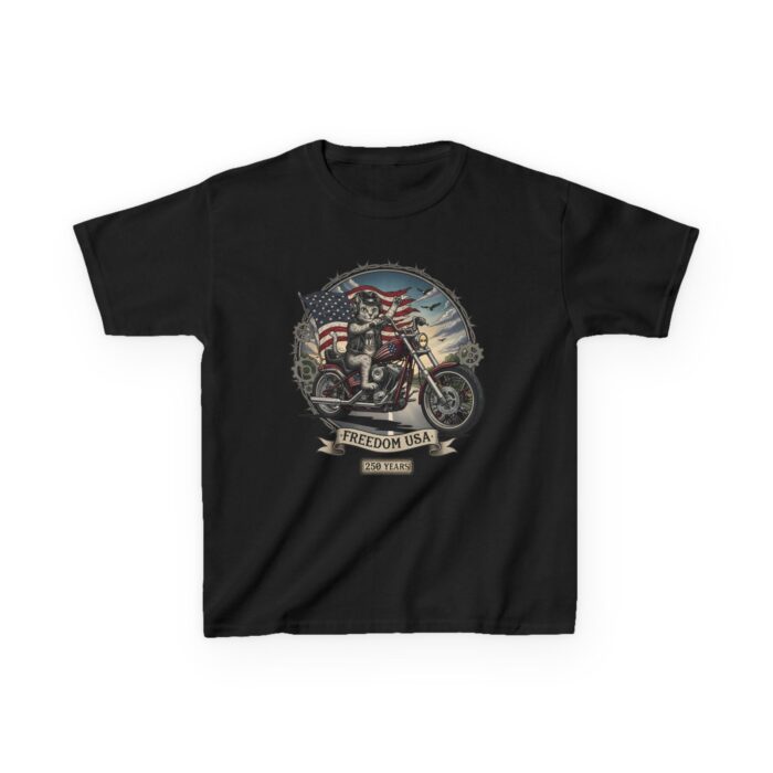 Youth wearing black Biker Cat USA tee with vintage motorcycle cat and American flag graphic