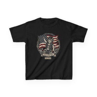 Youth DJ Cat Freedom USA t-shirt with distressed American flag and DJ cat graphic in vintage biker style