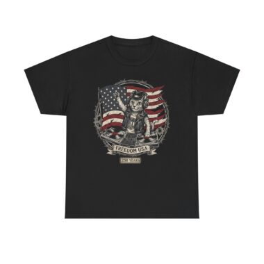 Black DJ Cat Freedom USA t-shirt with vintage biker cat and American flag graphic