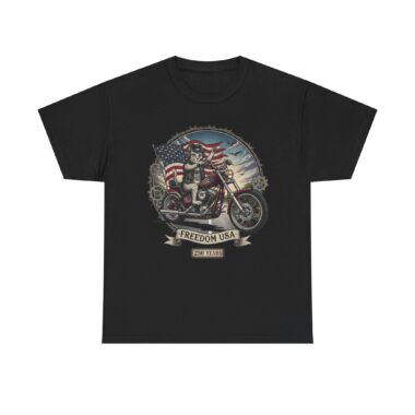 Biker Cat USA t-shirt — vintage motorcycle‑cat with American flag, patriotic biker tee