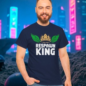Respawn king shirt on model – funny gamer tee front view with crown wings.