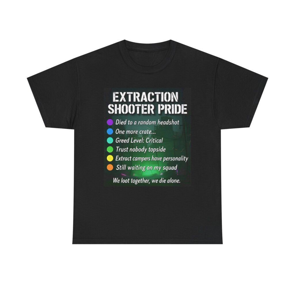 Black Loot Goblin extraction shooter tee on male model, showing raid meme text list.