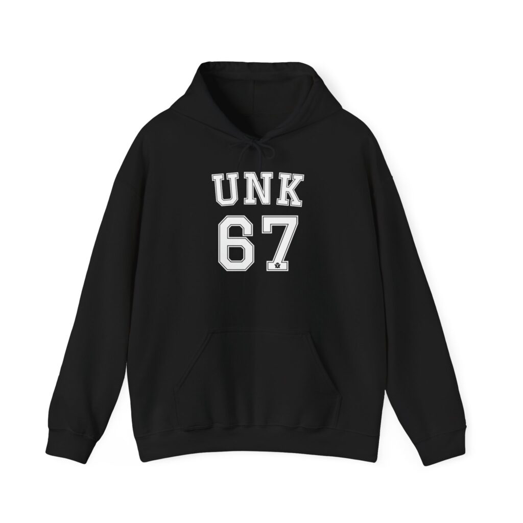 Black oversized hoodie showing bold white UNK 67 varsity letters, front view on a model.