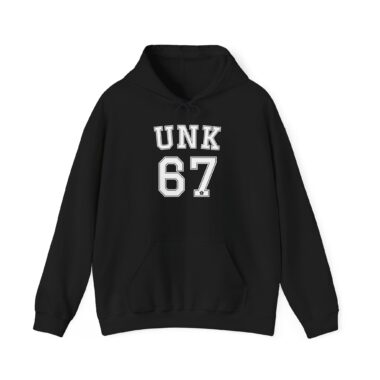 Black oversized hoodie showing bold white UNK 67 varsity letters, front view on a model.