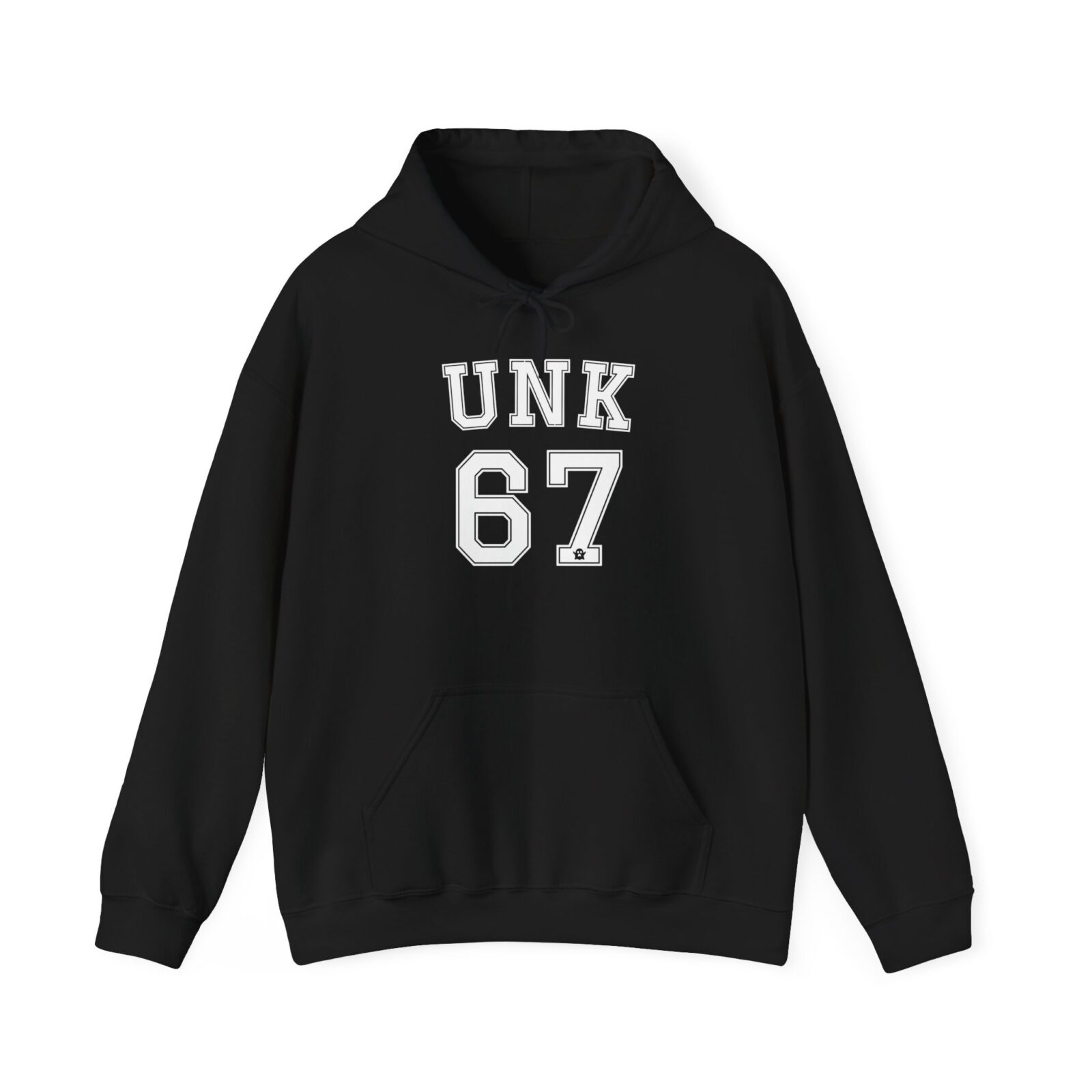 Black oversized hoodie showing bold white UNK 67 varsity letters, front view on a model.