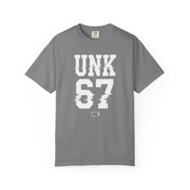 Comfort Colors 1717 t-shirt in Pepper/Black featuring Unk 67 glitch text and low battery icon.