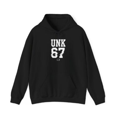 Black Gildan 18500 hoodie featuring Unk 67 glitch text and low battery icon.