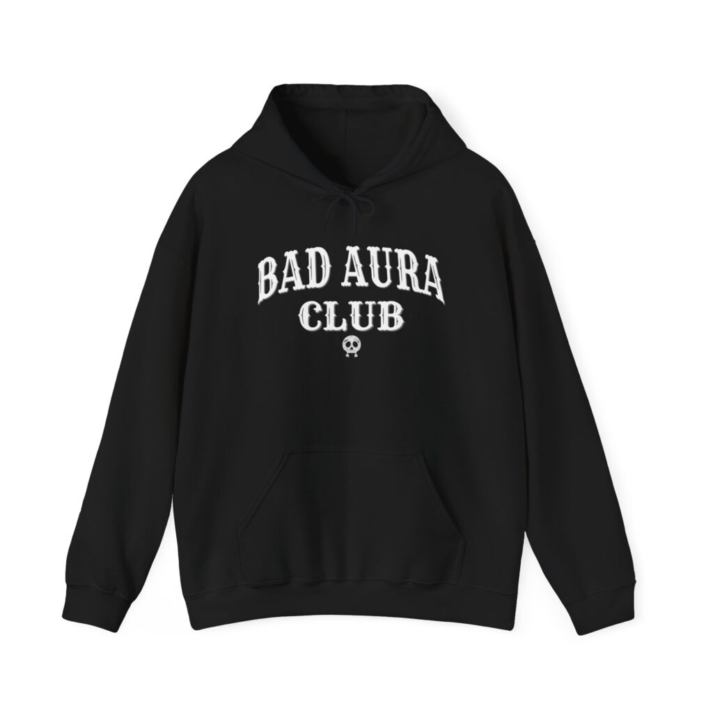 Black Bad Aura Club Hoodie with gothic skull graphic.