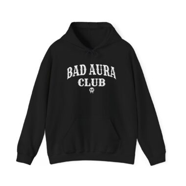 Black Bad Aura Club Hoodie with gothic skull graphic.