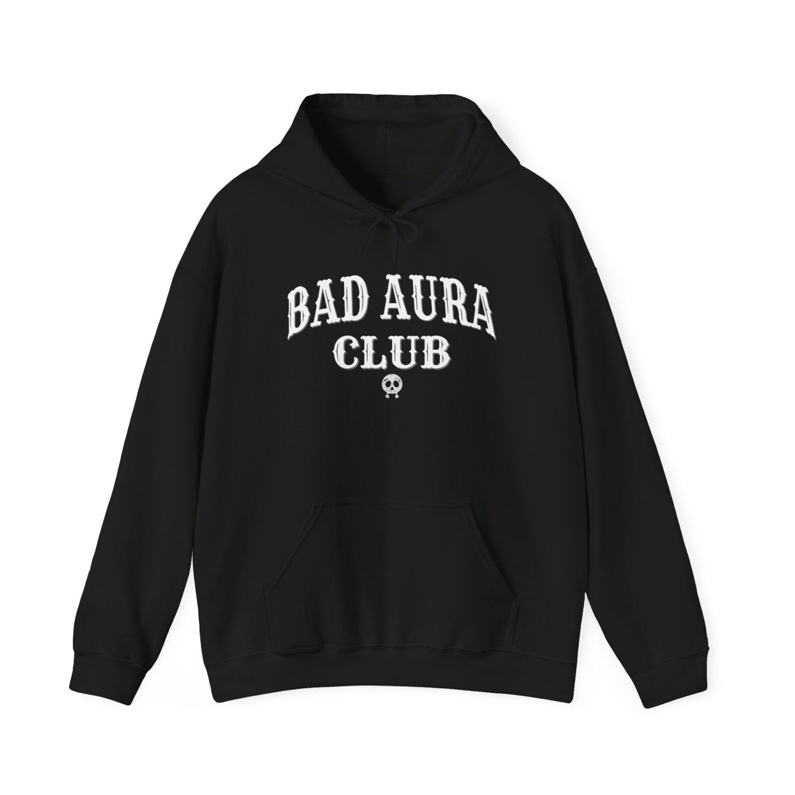 Black Bad Aura Club Hoodie with gothic skull graphic.