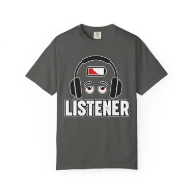 Black Comfort Colors 1717 tee with Professional Listener low battery graphic.