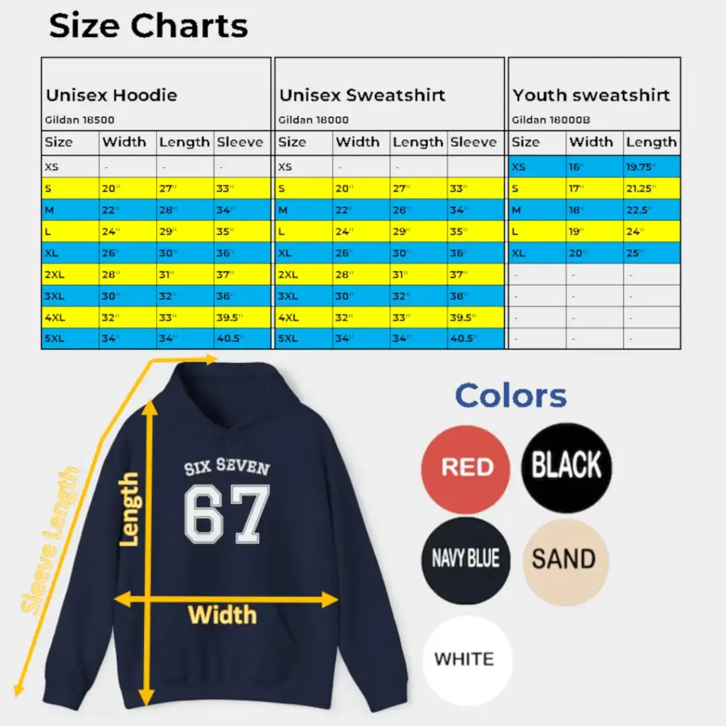 Sizing chart for 67 Six Seven Hoodie showing width and length for the viral aura athletic pullover