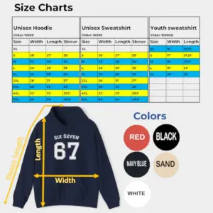 Sizing chart for 67 Six Seven Hoodie showing width and length for the viral aura athletic pullover