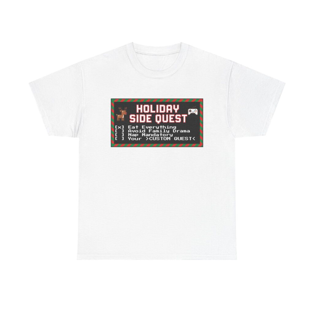 Black Gamer Christmas Shirt with Holiday Side Quest pixel art.