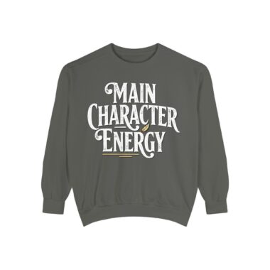 Main Character Energy Sweatshirt in Pepper grey with retro typography and bookish quill design.