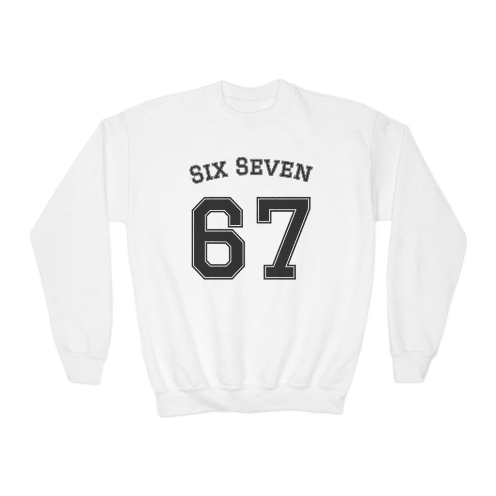 Six Seven 67 youth sweatshirt in white front view.