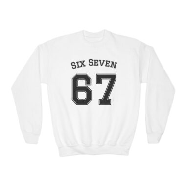 Six Seven 67 youth sweatshirt in white front view.