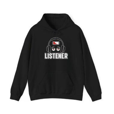 Black Introvert Listener Hoodie with Low Battery graphic.