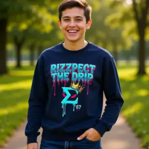 Teen wearing a Rizzpect The Drip Graffiti Sweatshirt in a park smiling with hand in trendy jeans pocket.