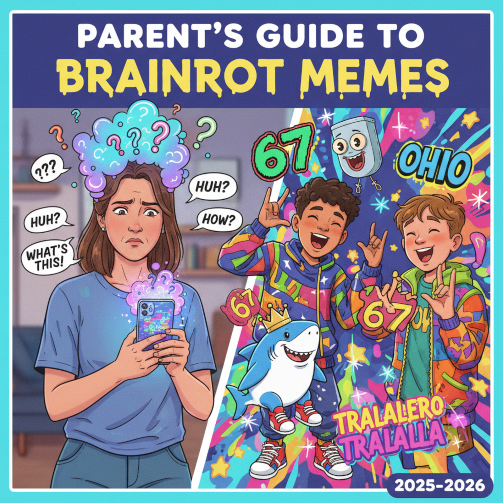 Confused parent looking at child's phone showing brainrot memes like Skibidi Toilet and 67 gesture – guide for 2025-2026 trends