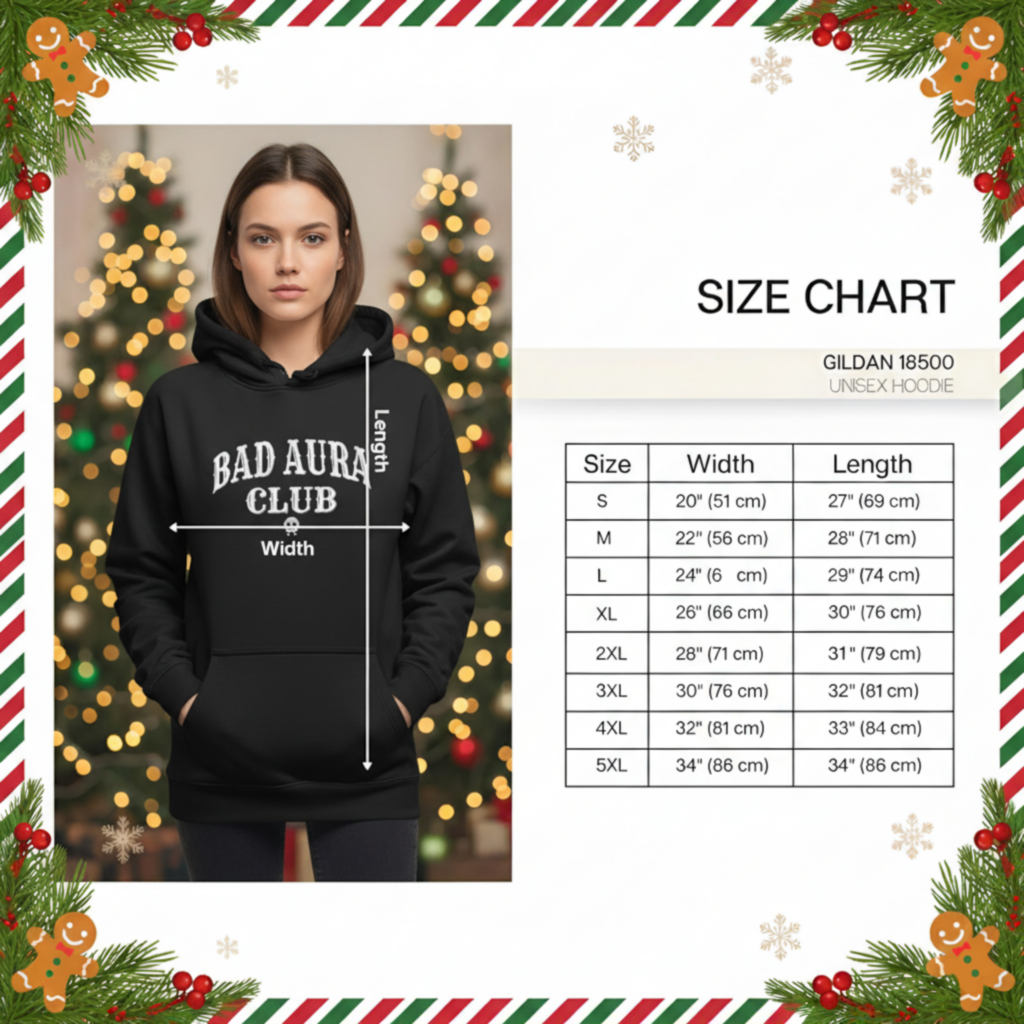 Bad Aura Club Hoodie size charts