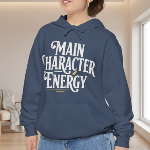 Bookish hoodie detail showing retro serif lettering and quill book motifs
