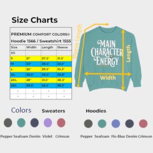Size chart guide for Main Character Sweatshirt by Start My Success