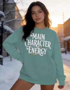 Woman wearing oversized that girl aesthetic sweatshirt reading a book in a cozy setting.