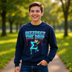 Lifestyle photo of Sigma Drip sweatshirt youth in a park showing neon cyan and hot pink graphics rizz longsleeve shirt.