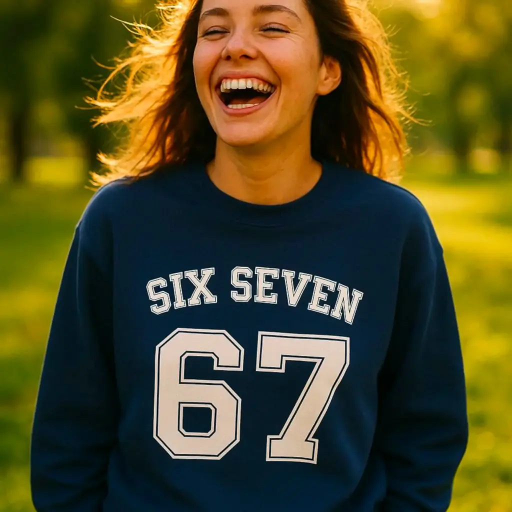 Happy girl in a park wearing the trending Unk 67 long sleeve sweatshirt from Start My Success, featuring a viral brainrot-inspired graphic design