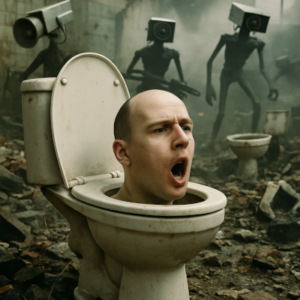 Skibidi Toilet brainrot meme origin with human head emerging from toilet, viral Gen Alpha trend 2025