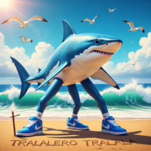 Tralalero Tralala Italian brainrot shark wearing Nike sneakers on beach, viral AI meme 2025-2026