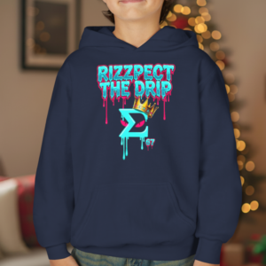 Rizz Hoodie Boys featuring neon cyberpunk drip logo on navy hooded youth sweatshirt.