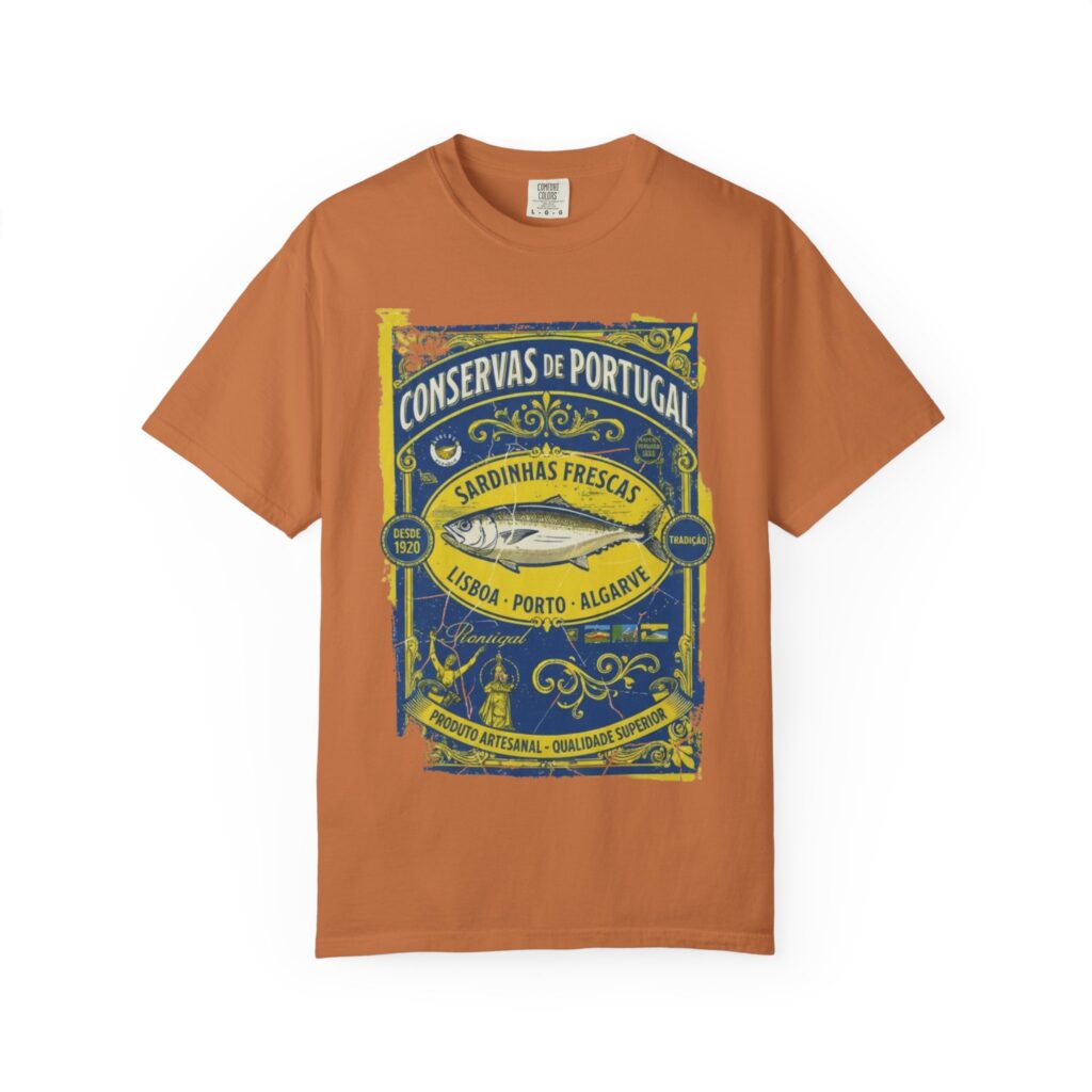 Vintage Sardine Tin Shirt flat lay on yam Comfort Colors fabric showing front chest print.