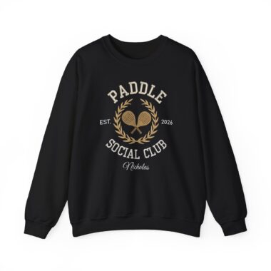 Personalized Paddle Tennis Gift sweatshirt black Social Club crest design.