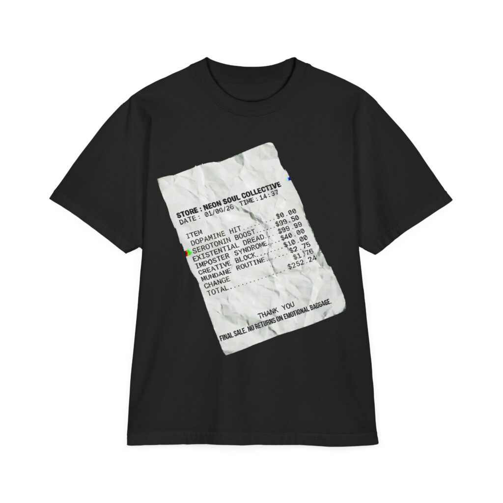 Existential dread shirt front view receipt graphic on black heavyweight tee.