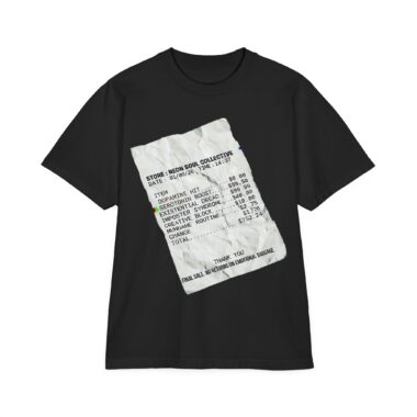 Existential dread shirt front view receipt graphic on black heavyweight tee.