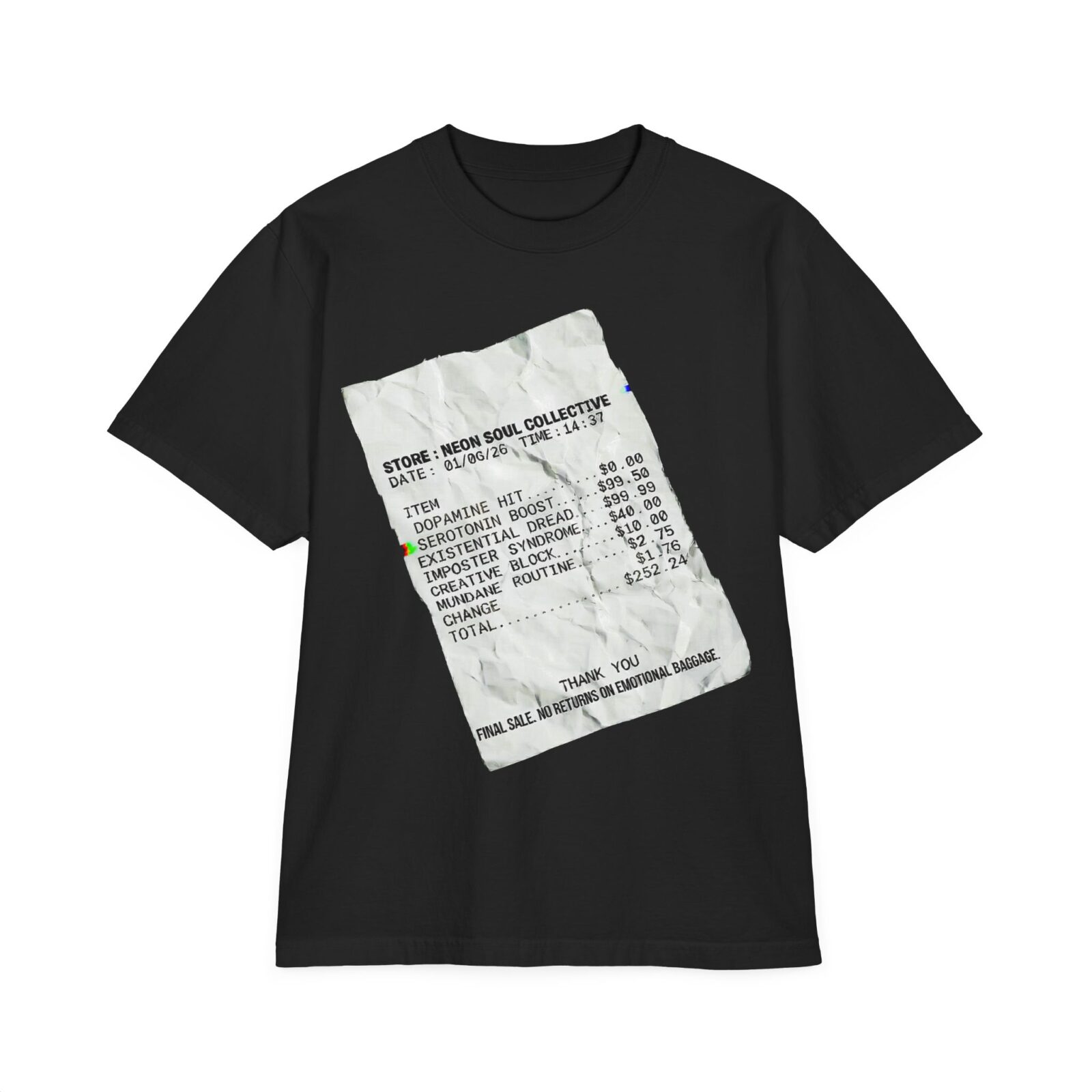 Existential dread shirt front view receipt graphic on black heavyweight tee.