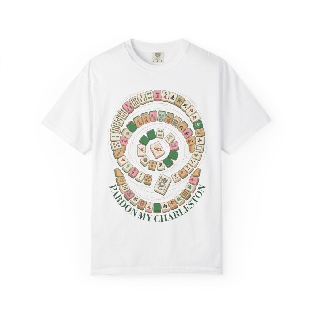 Funny Mahjong shirt front view pardon my charleston text with tile spiral