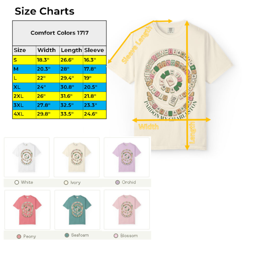 Comfort Colors garment dyed relaxed fit size comparison for the Mahj Shirt that Mahjong players will love.