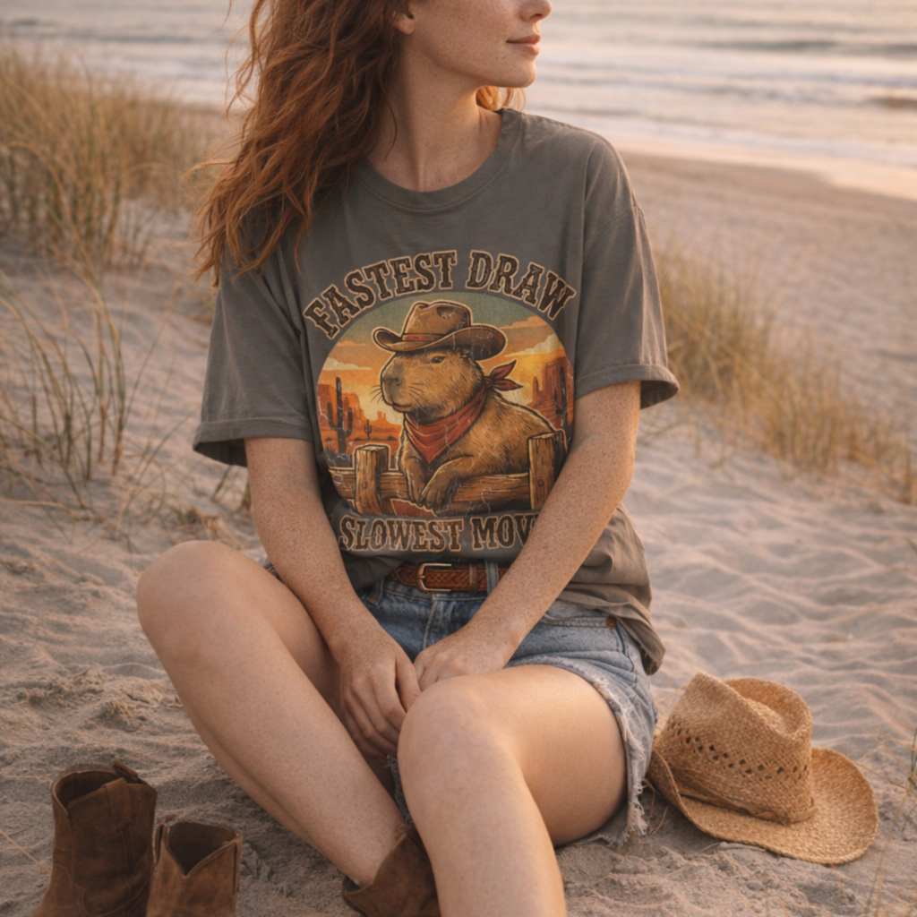 Capybara Cowboy Cowgirl Design with Desert Rodeo Graphics Coastal Country Retro look.