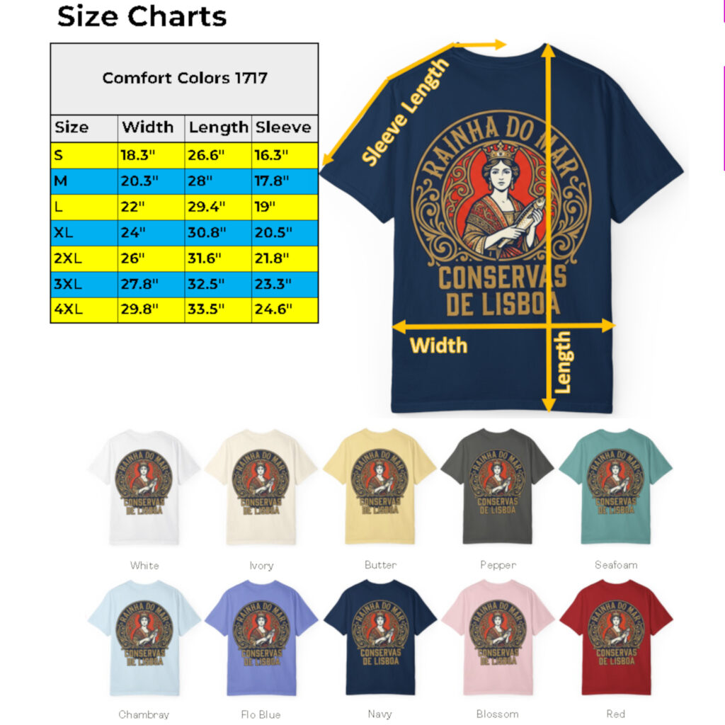 Euro Summer Fashion Comfort Colors 1717 Sardine shirt size chart