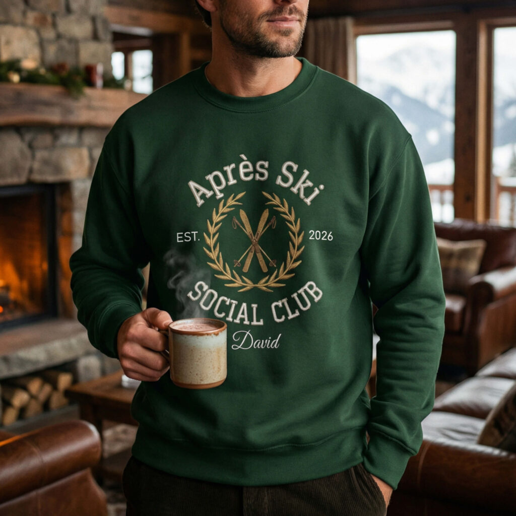 Man wearing oversized vintage winter lodge sweater by fireplace in cabin with old money aesthetic.
